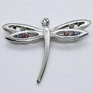 Silver Tone Dragonfly Brooch with Colored Rhinestones